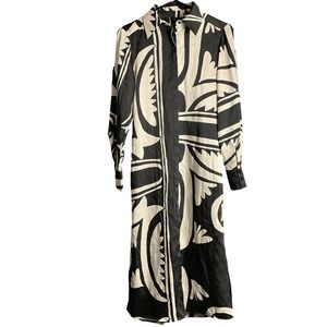 Mango Black & Beige Abstract Print Midi Shirt Dress, Italian Fabric